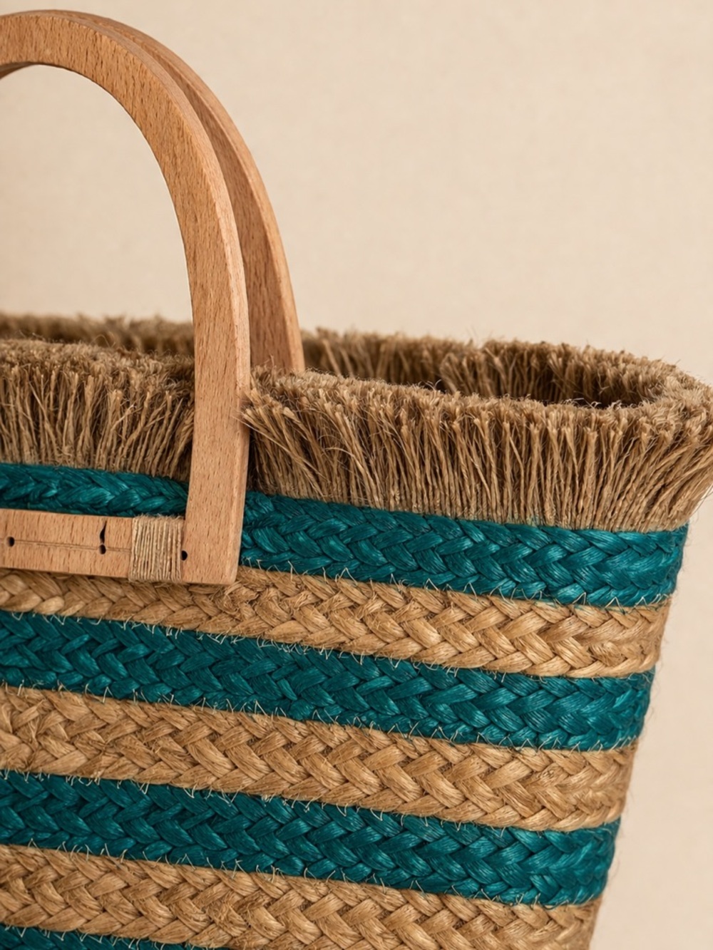 ANTIK KRAFT Hashree Wicker Jute Blue Stripes Tote Bag Wooden Handles Beach Bag - Picture 5 of 16
